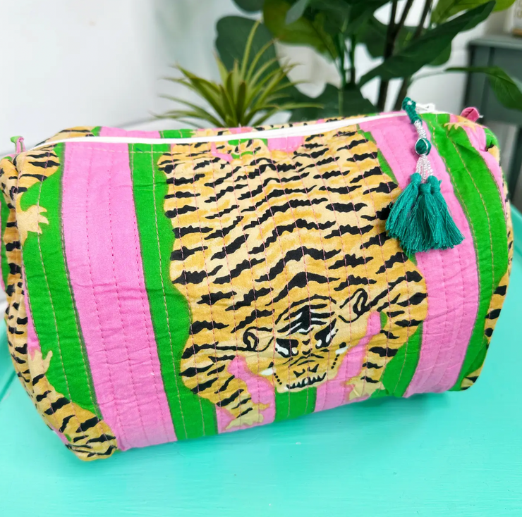 Quilted Cosmetic Bag | Pink Green Stripe Tiger