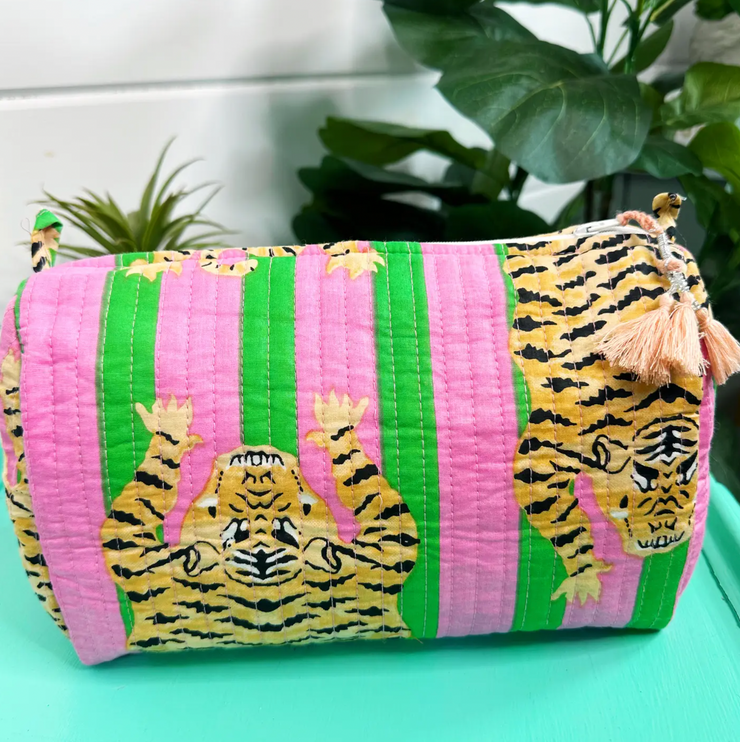 Quilted Cosmetic Bag | Pink Green Stripe Tiger