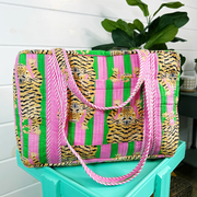 Quilted Weekender Duffle Bag |  Pink & Green Stripe Tiger