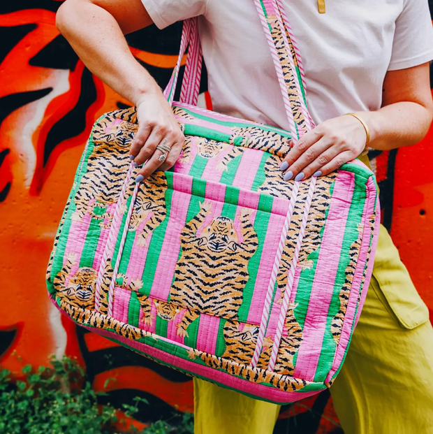 Quilted Weekender Duffle Bag |  Pink & Green Stripe Tiger