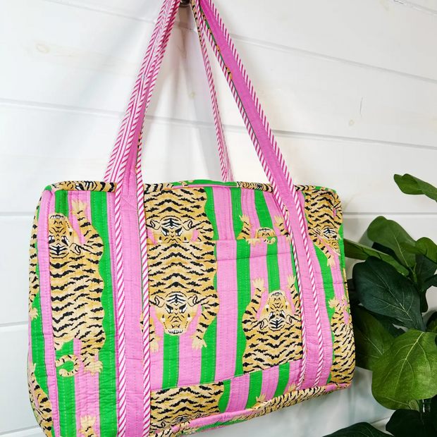 Quilted Weekender Duffle Bag |  Pink & Green Stripe Tiger