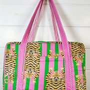 Quilted Weekender Duffle Bag |  Pink & Green Stripe Tiger