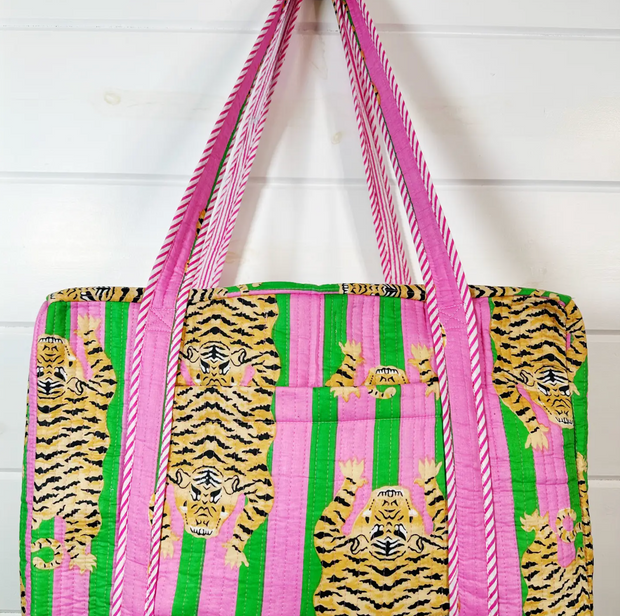 Quilted Weekender Duffle Bag |  Pink & Green Stripe Tiger