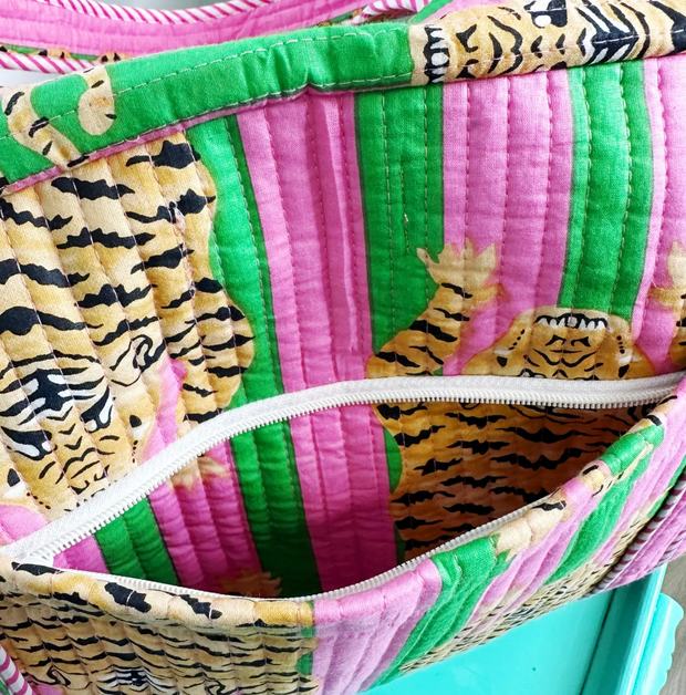 Quilted Weekender Duffle Bag |  Pink & Green Stripe Tiger