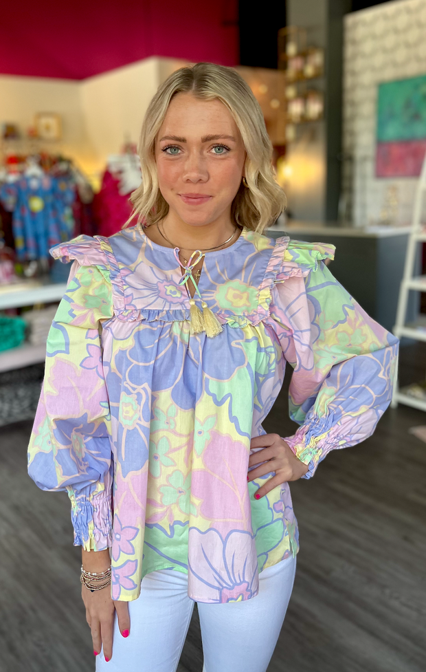 Iris Floral Ruffle V Neck Top
