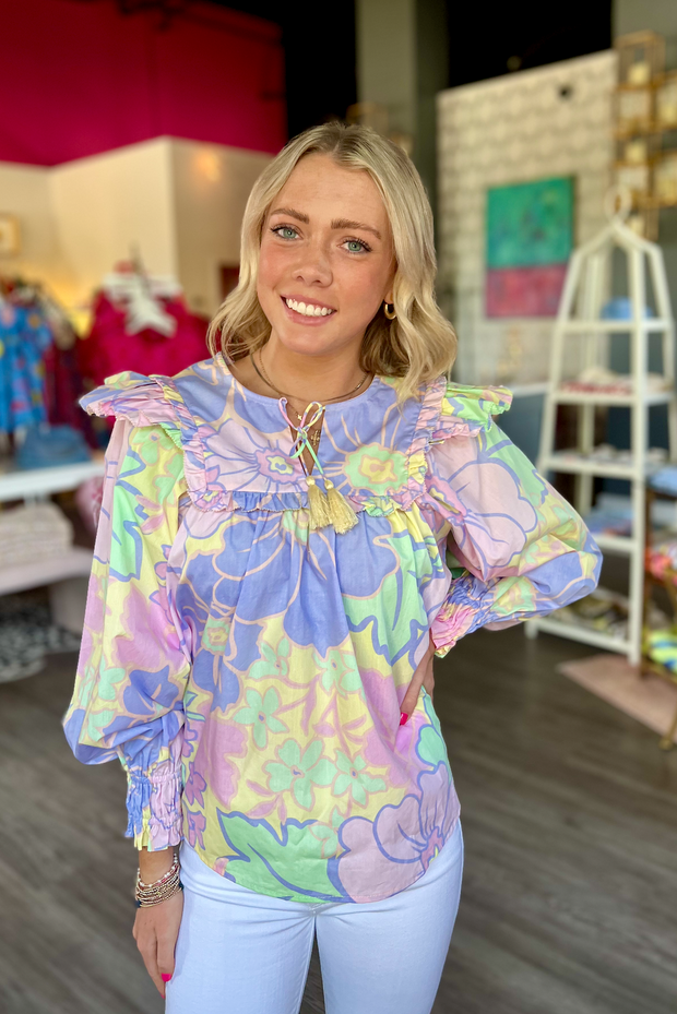 Iris Floral Ruffle V Neck Top