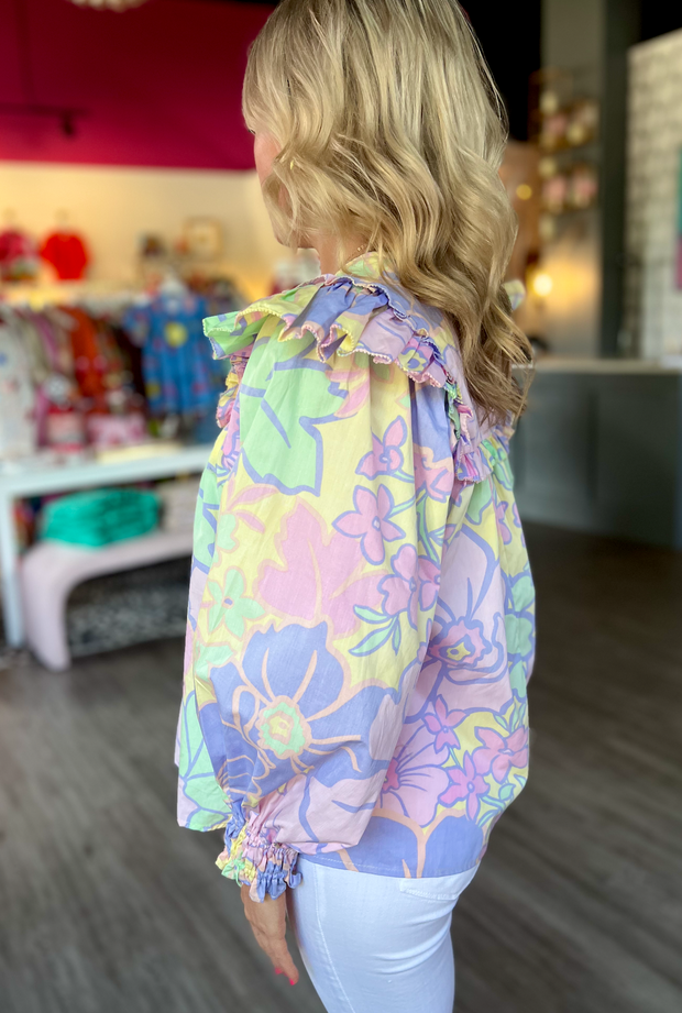 Iris Floral Ruffle V Neck Top