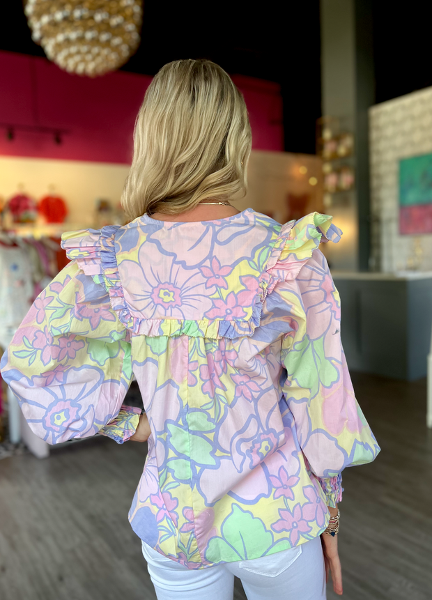 Iris Floral Ruffle V Neck Top