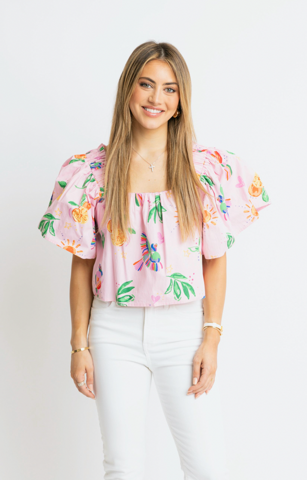 Toucan Floral Puff Sleeve Top
