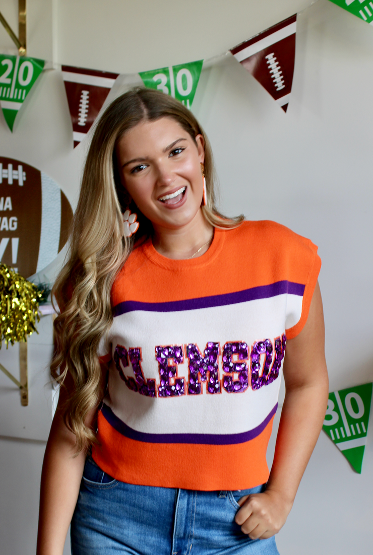 Licensed Clemson Colorblock Jewel Letter Sweater