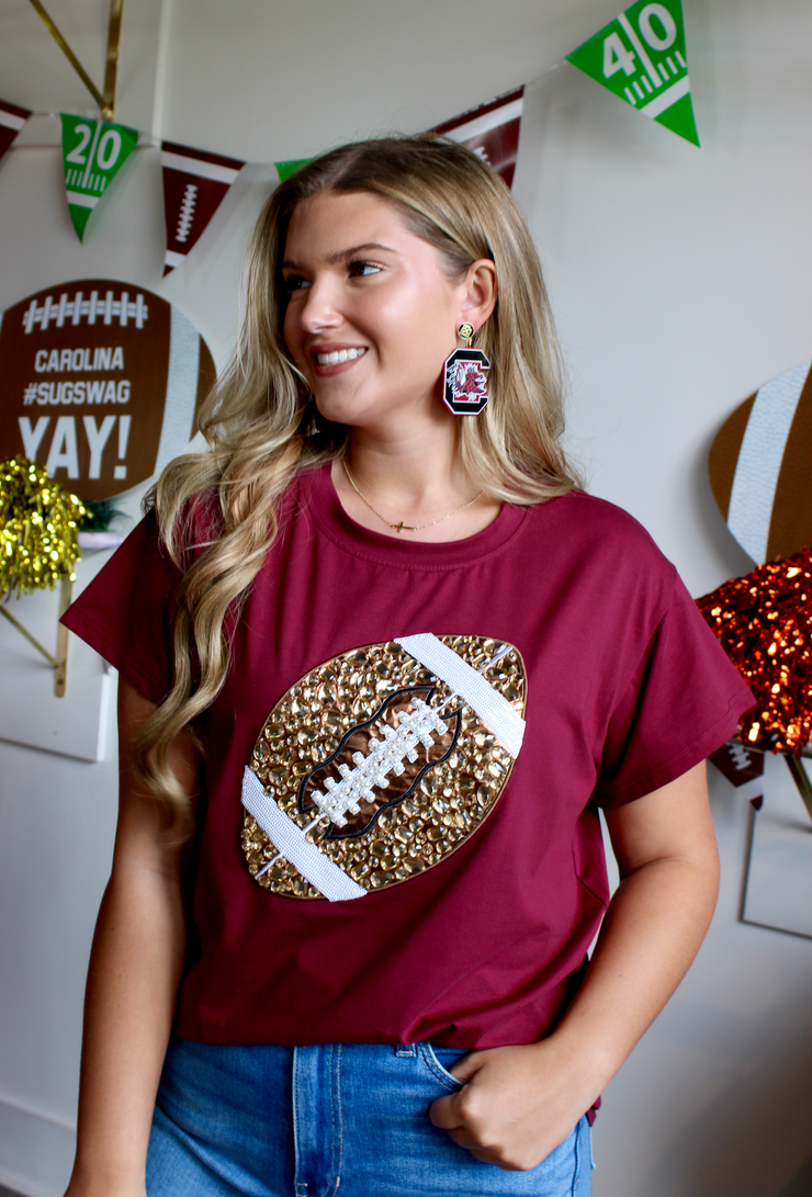 Maroon Jeweled Football Tee