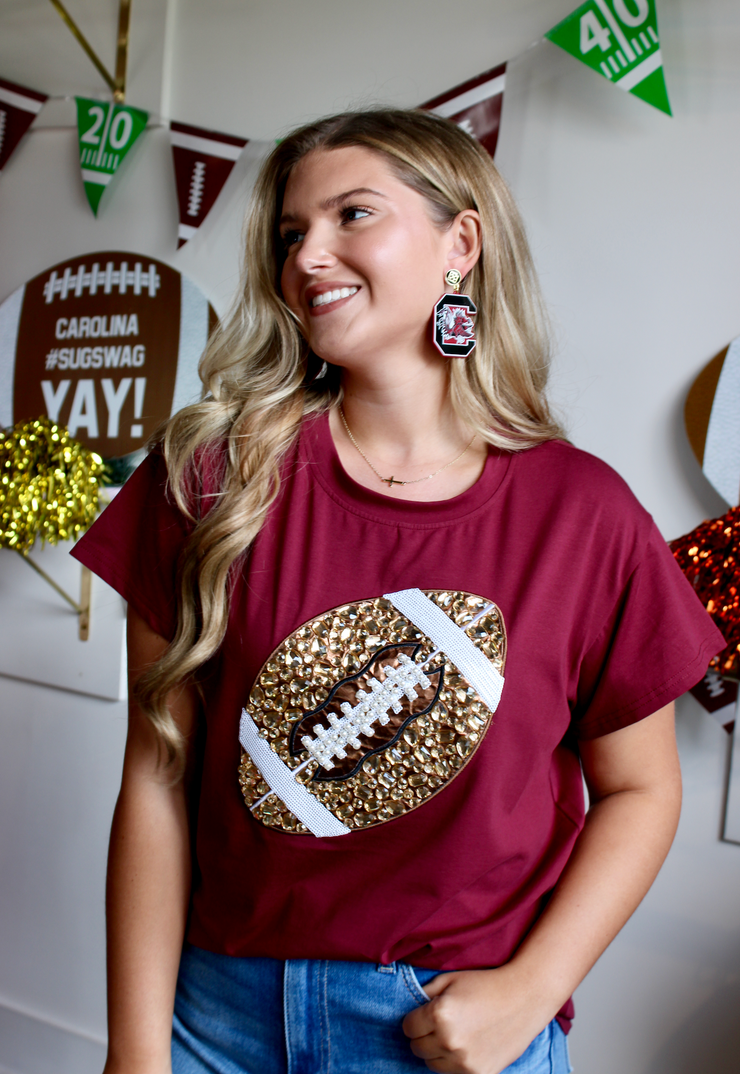 Maroon Jeweled Football Tee