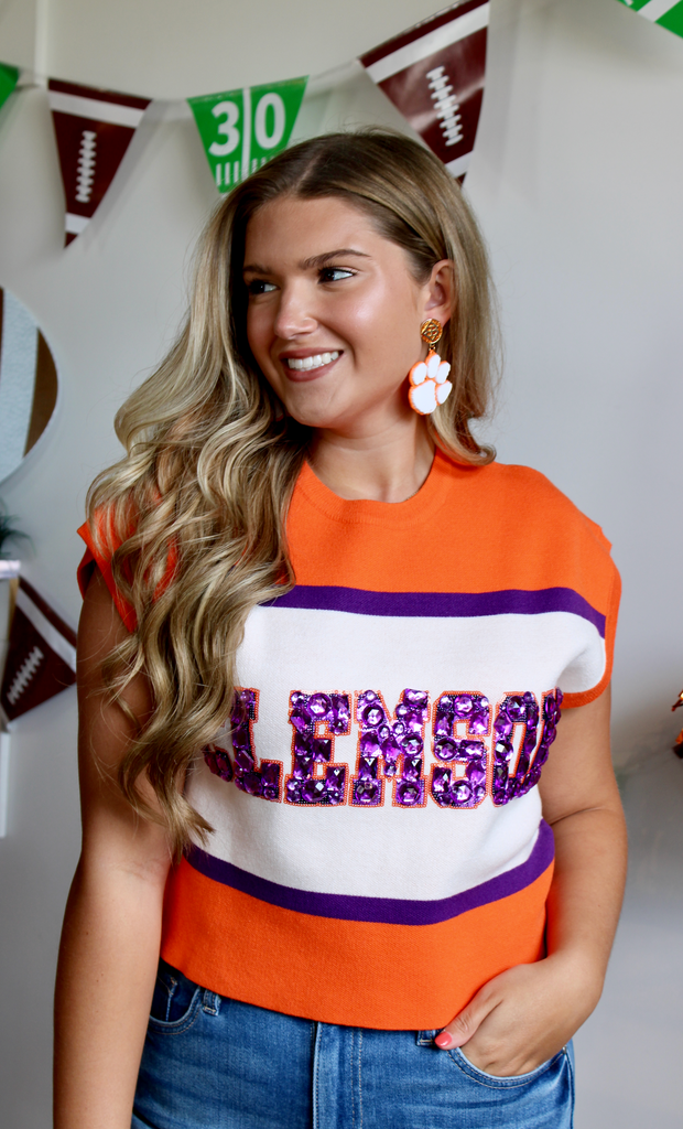 Licensed Clemson Colorblock Jewel Letter Sweater