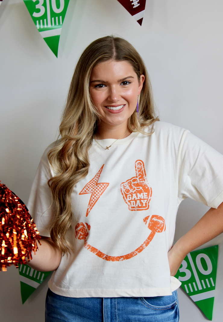 Gameday Smiley Crop Tee | Orange