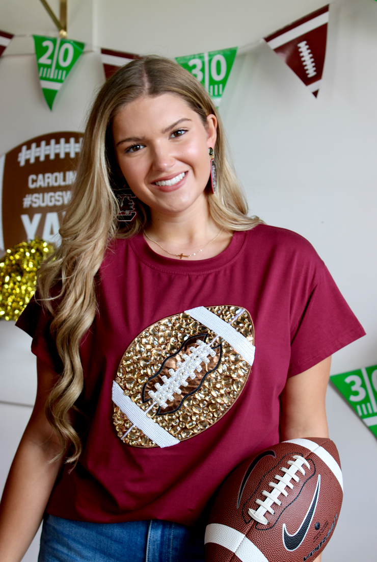 Maroon Jeweled Football Tee
