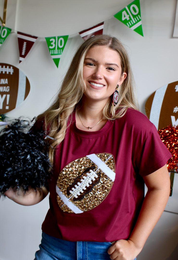 Maroon Jeweled Football Tee