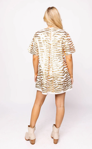 White with Gold Tiger Short Sleeve Dress