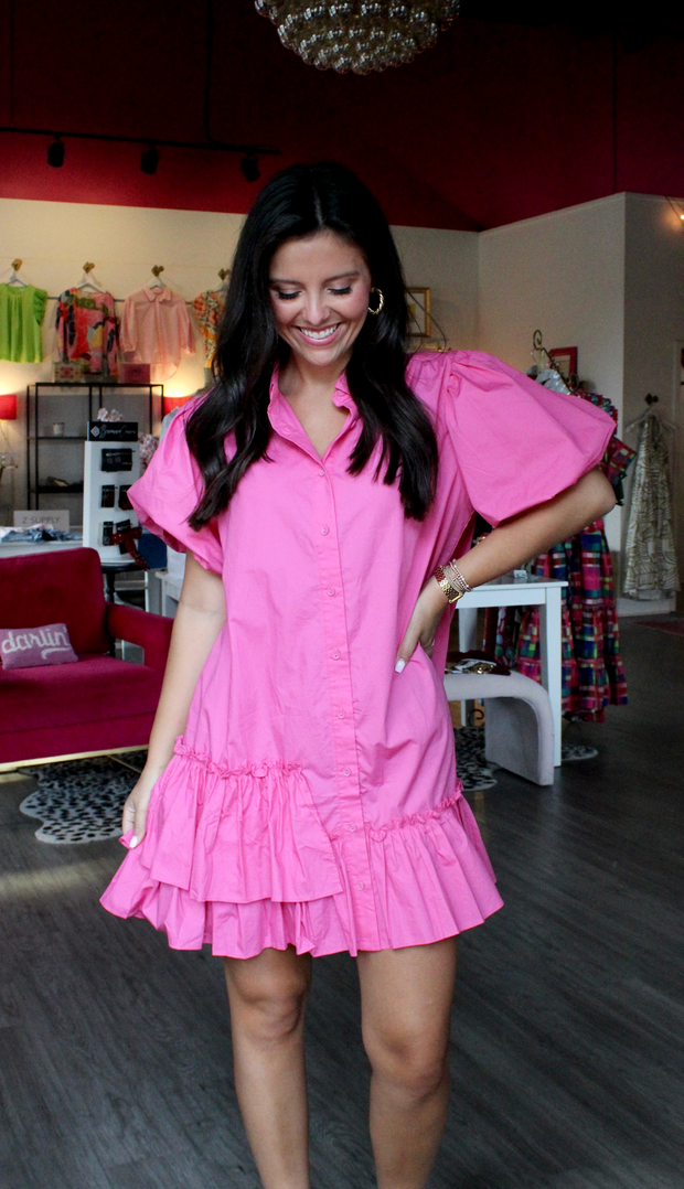 Poplin Ruffle Bottom Dress | Pink