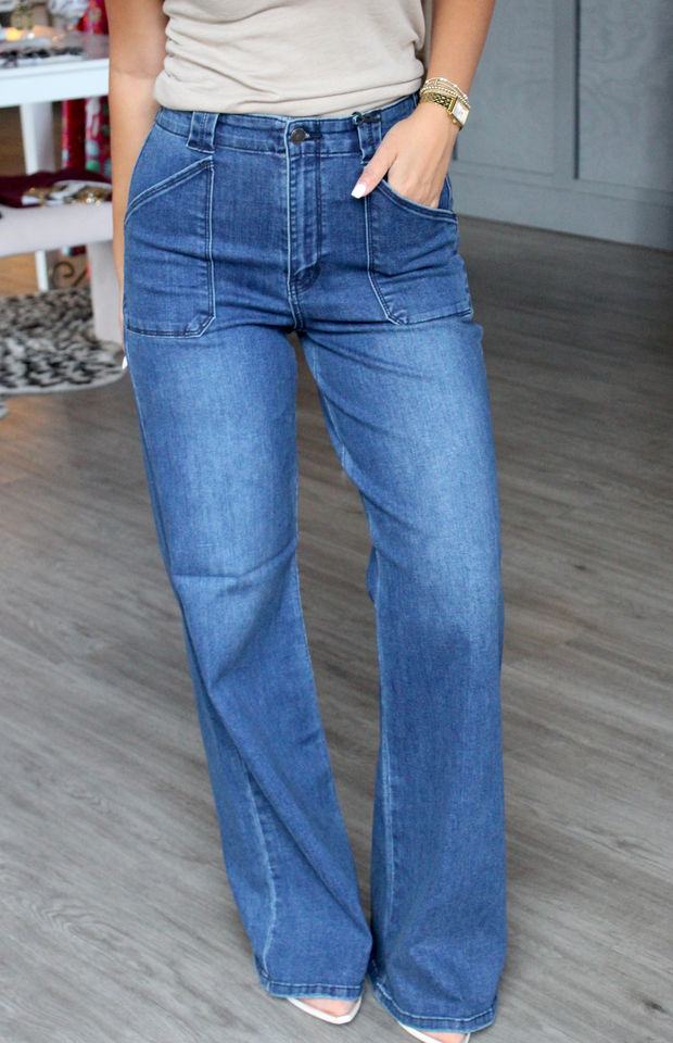 Patch Pocket Wide Leg |  Medium/Dark Wash