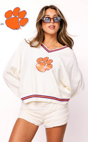 Licensed Clemson V Neck Sweater with Small Mascot