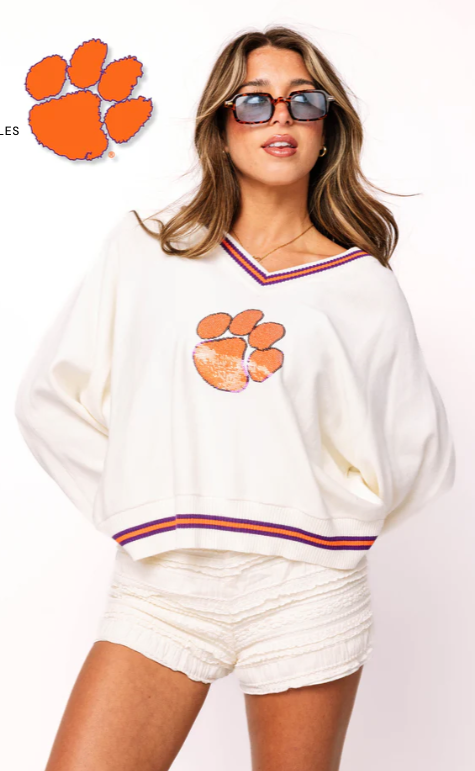 Licensed Clemson V Neck Sweater with Small Mascot