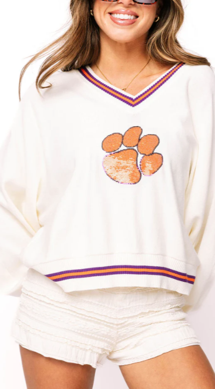 Licensed Clemson V Neck Sweater with Small Mascot