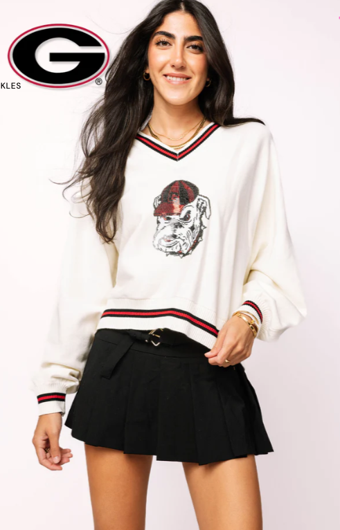 Licensed Georgia V Neck Sweater with Small Mascot