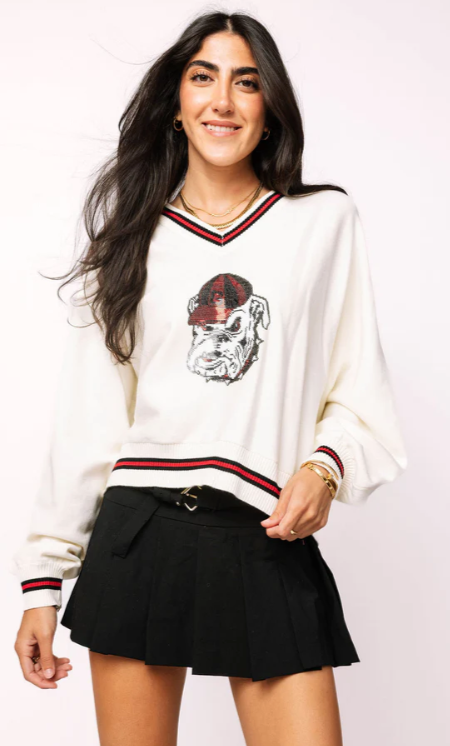 Licensed Georgia V Neck Sweater with Small Mascot