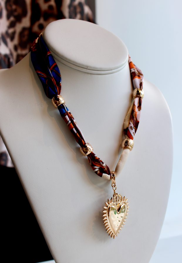Pattern Scarf Heart Charm Necklace | Orange + Cobalt