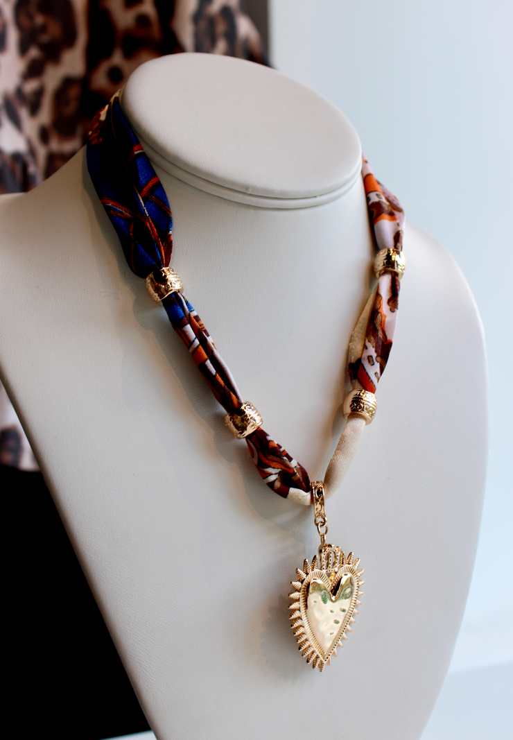 Pattern Scarf Heart Charm Necklace | Orange + Cobalt