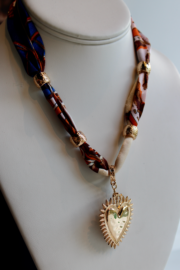 Pattern Scarf Heart Charm Necklace | Orange + Cobalt