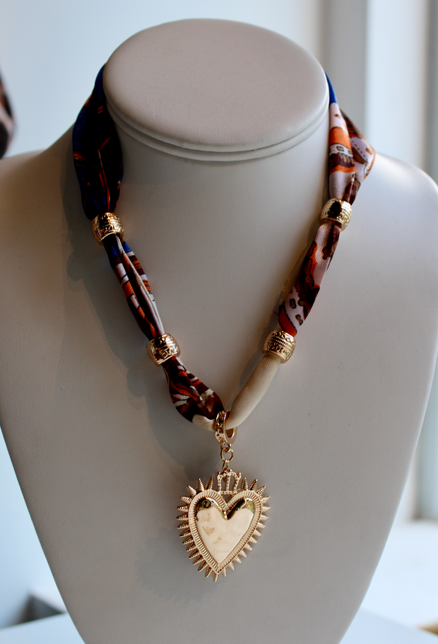 Pattern Scarf Heart Charm Necklace | Orange + Cobalt