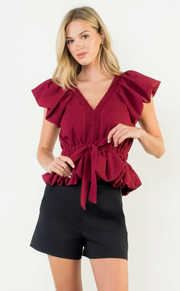 Fan Flutter Sleeve Top | Garnet