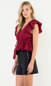 Fan Flutter Sleeve Top | Garnet