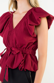 Fan Flutter Sleeve Top | Garnet