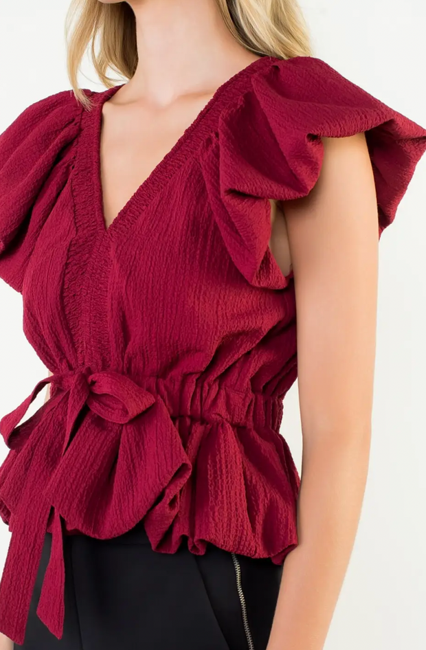 Fan Flutter Sleeve Top | Garnet