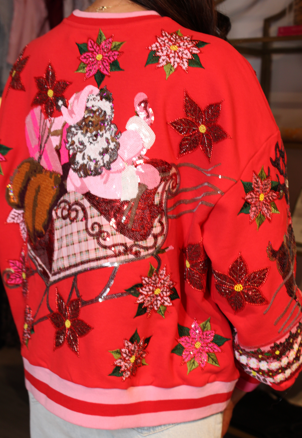 Red & Pink Vintage Poinsettia Santa Sweatshirt