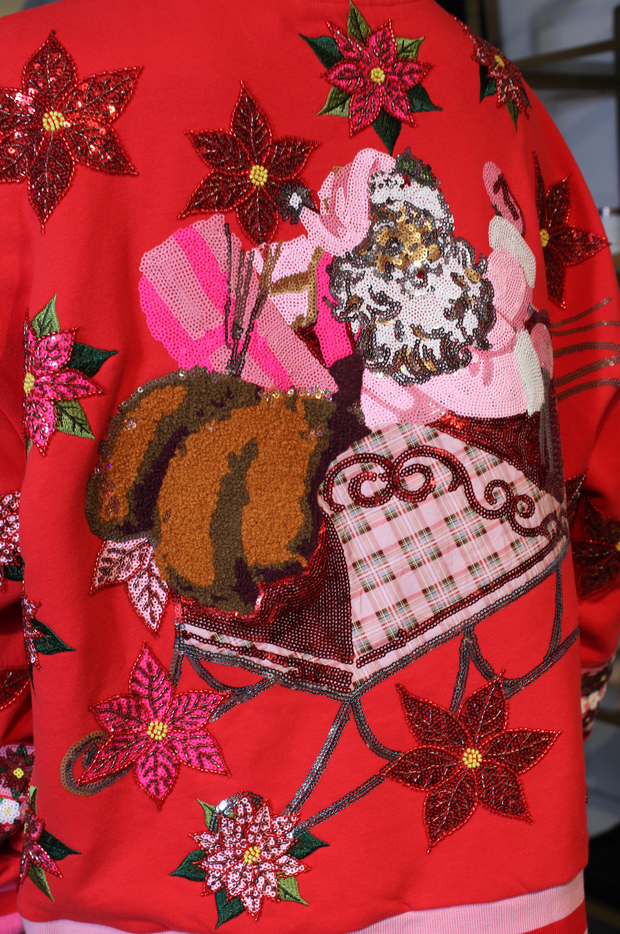 Red & Pink Vintage Poinsettia Santa Sweatshirt