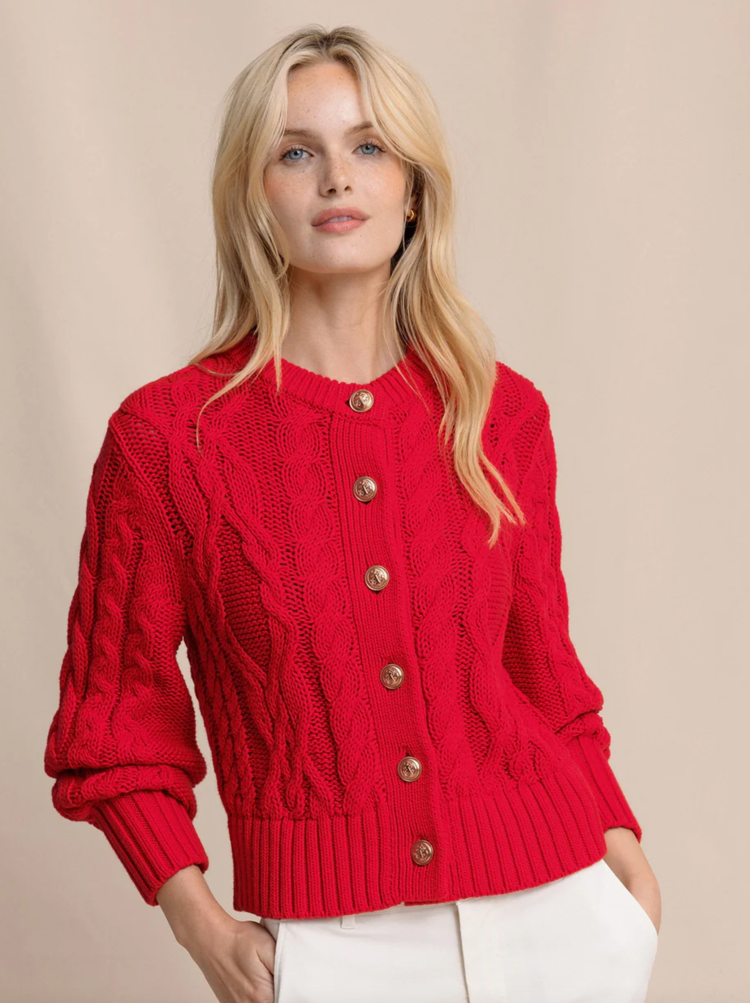 Clarke Cable Knit Cardigan | Crab Red