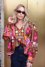 Floral Frame Ruffle V Neck Top