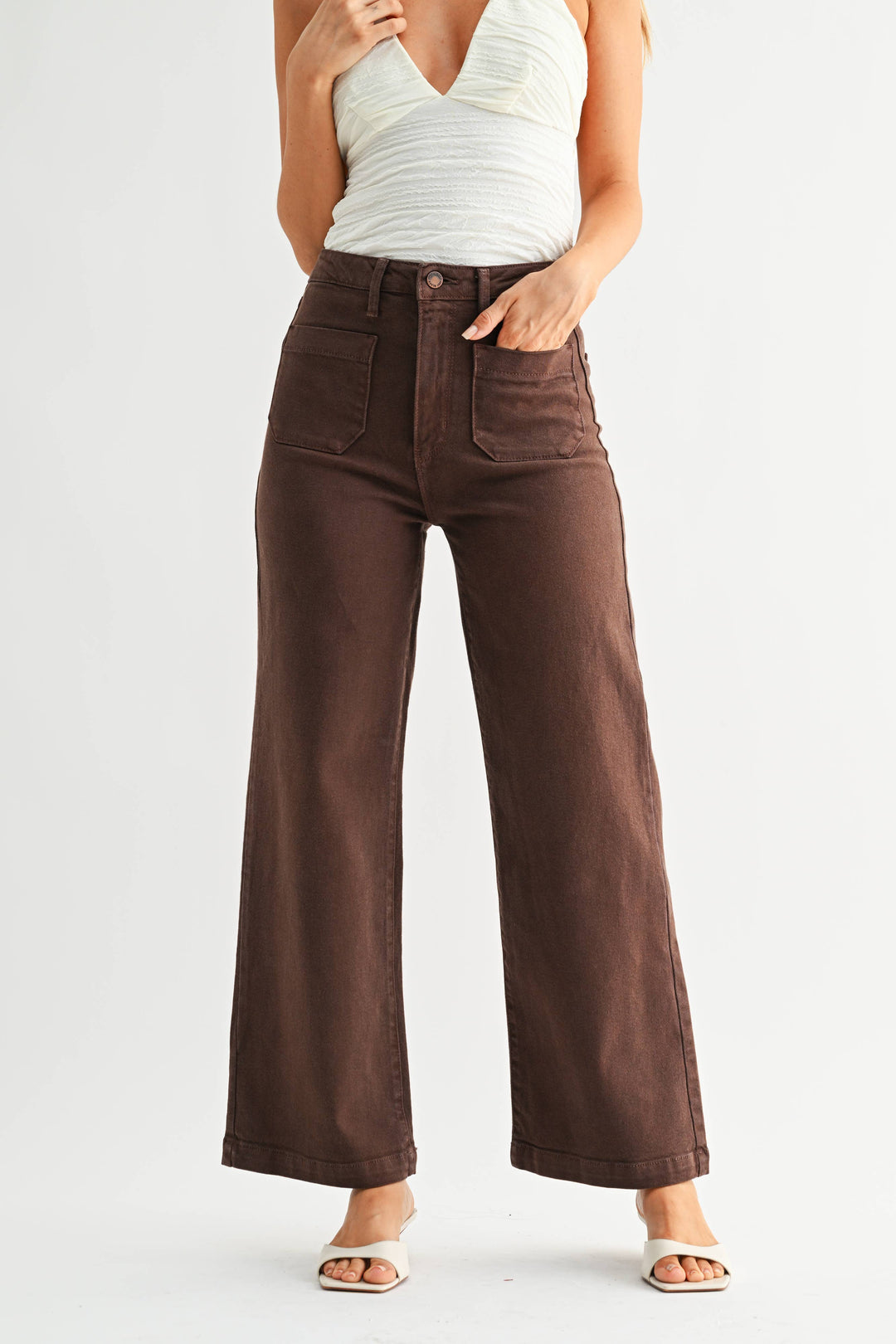 Patch Pocket Wide Leg Denim | Dark Brown