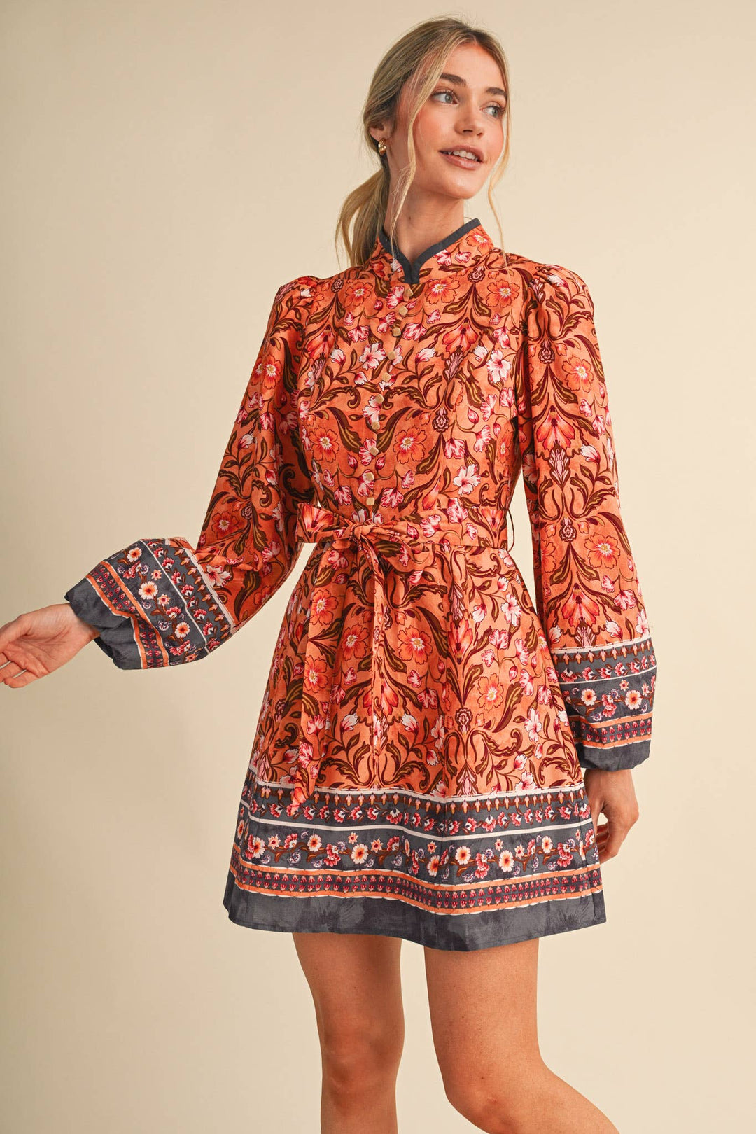 Mandarin Collar Mini Dress