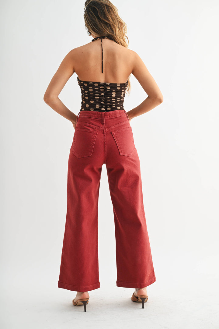 Patch Pocket Wide Leg Jeans | Burgundy