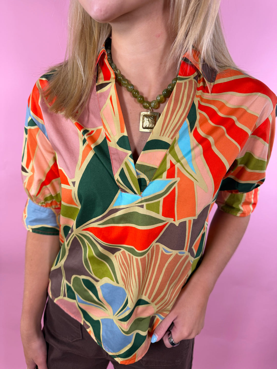 Floral Poplin VNeck Collar Top