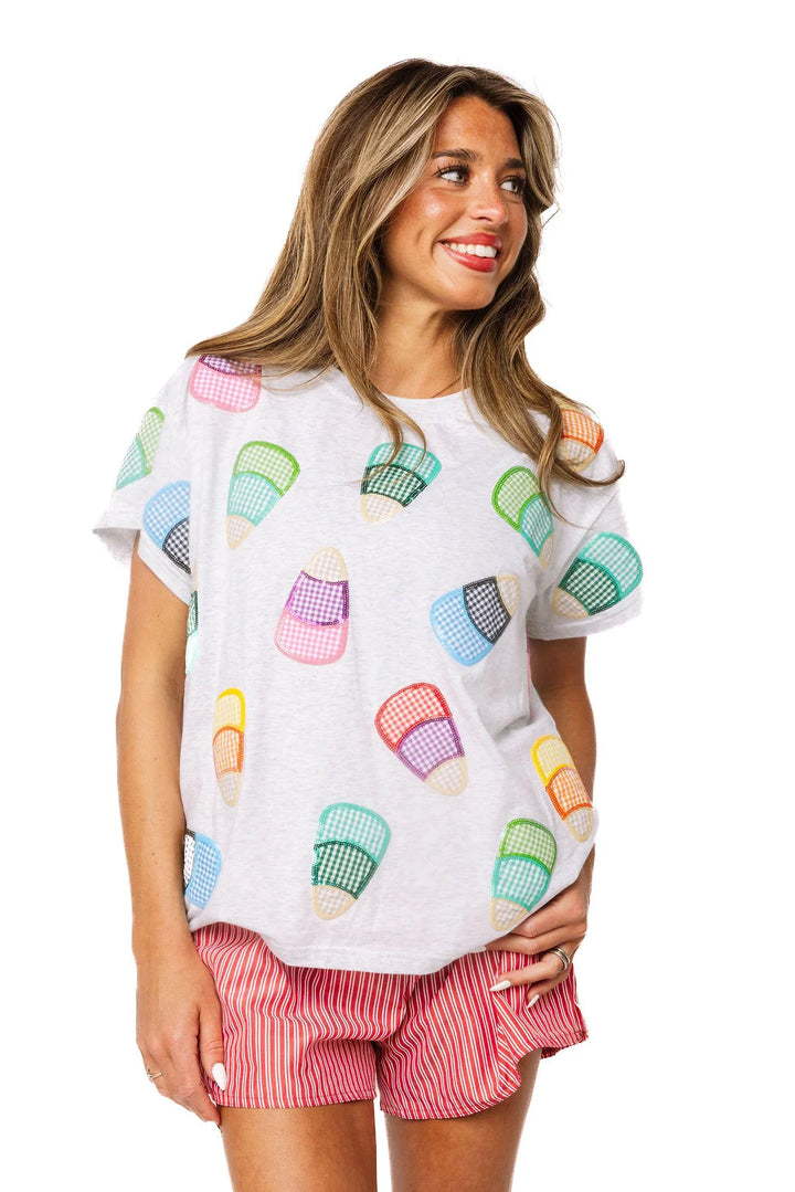 Multi Gingham Candy Corn Tee | Gray