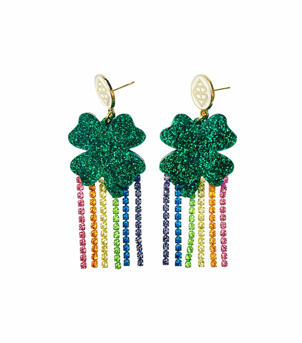 St Patricks Day Short Rainbow Fringe Clover Earrings