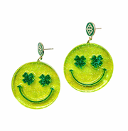 St Patrick's Day Holographic Glitter Clover Smiley Earrings