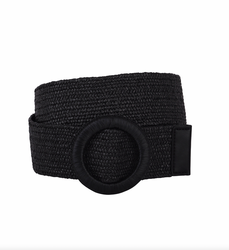 Woven Raffia Circle Buckle Waist Belt | Black
