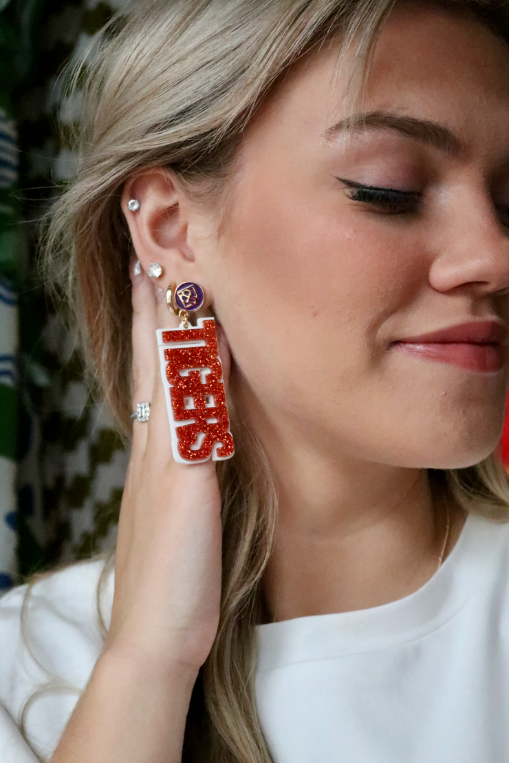 Orange Glitter and White TIGERS Earring