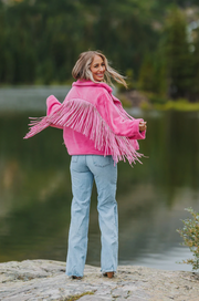 Skylar Fringe Faux Fur Jacket | Hot Pink - M,L